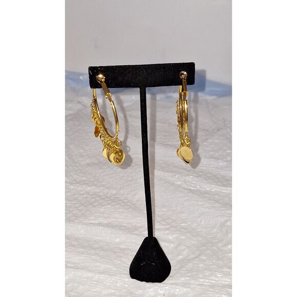 Gold Tone Dangle Drop Earrings Pierced Harem Turkish Style Hoops Elegant Evening - Picture 5 of 8